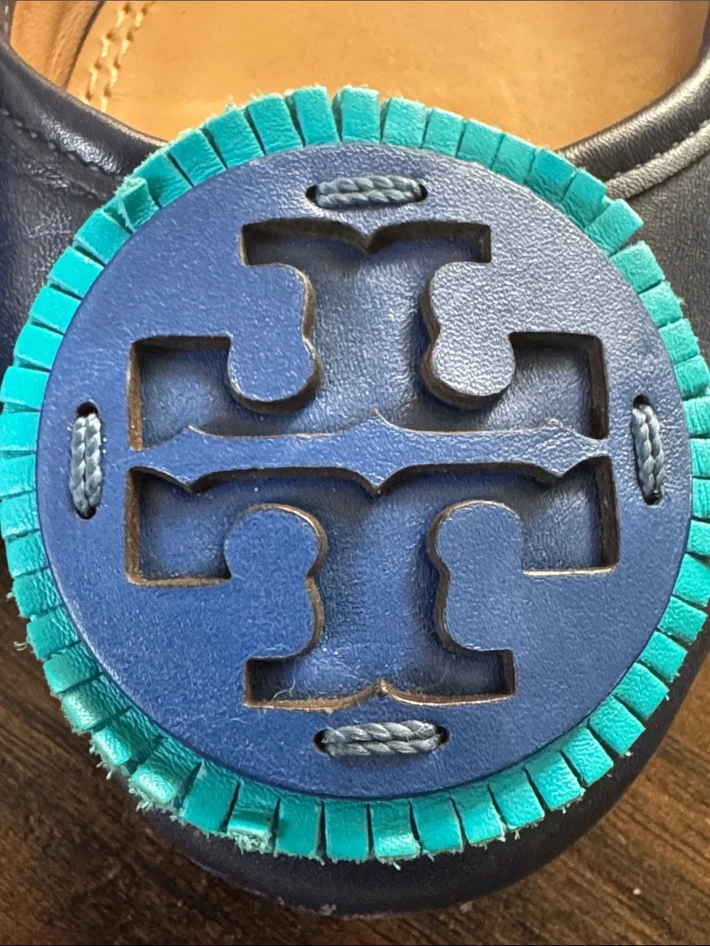 Tory Burch Navy Leather Ballet Flats with Turquoise Logo
